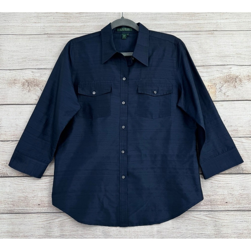Lauren Ralph Lauren Button Down Women 14 Navy Blue 100% Silk 3/4 Sleeve Top